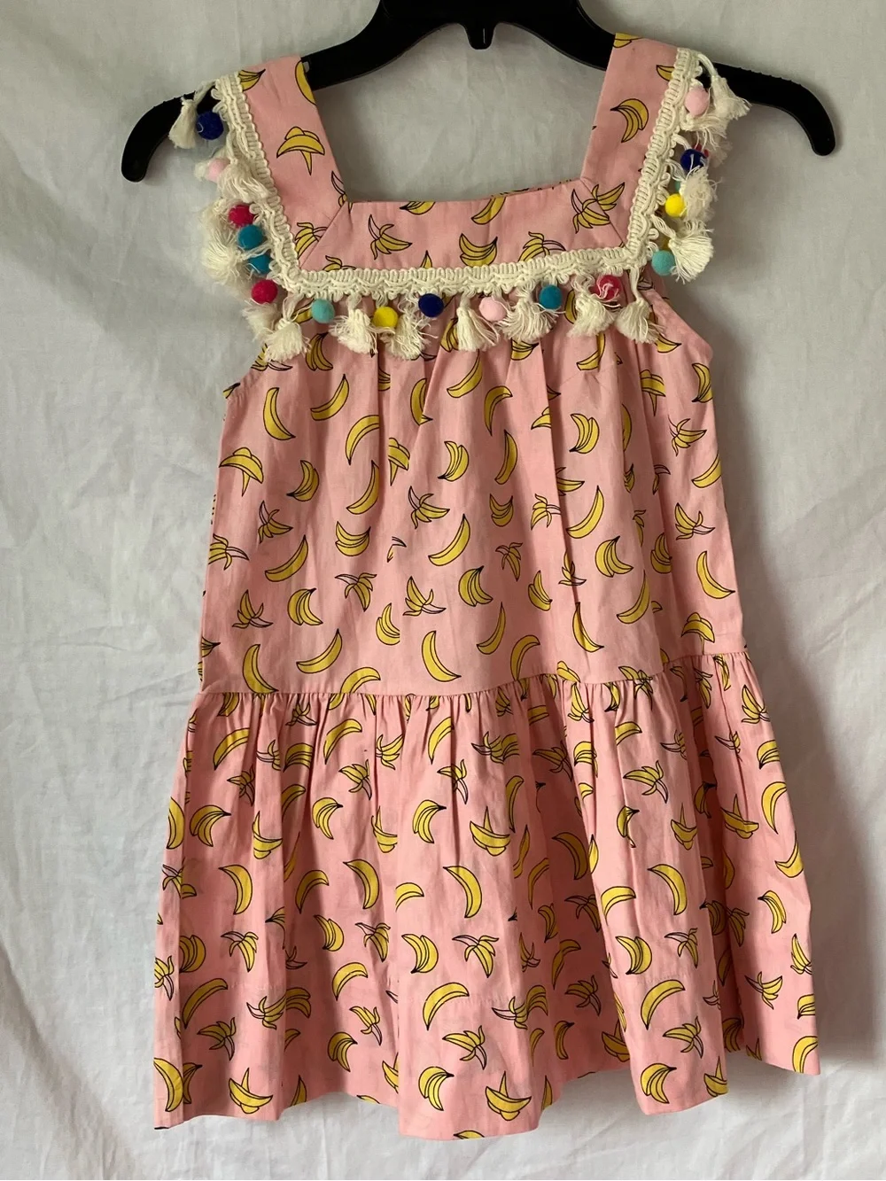 Peas and Queues Banana Print Dress with Pom Pom Trim - Size 7